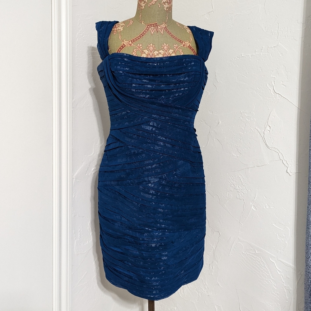 BCBG Max Azria Square Neck Mesh Metallic Ruched Midi Dress Blue L bodycon